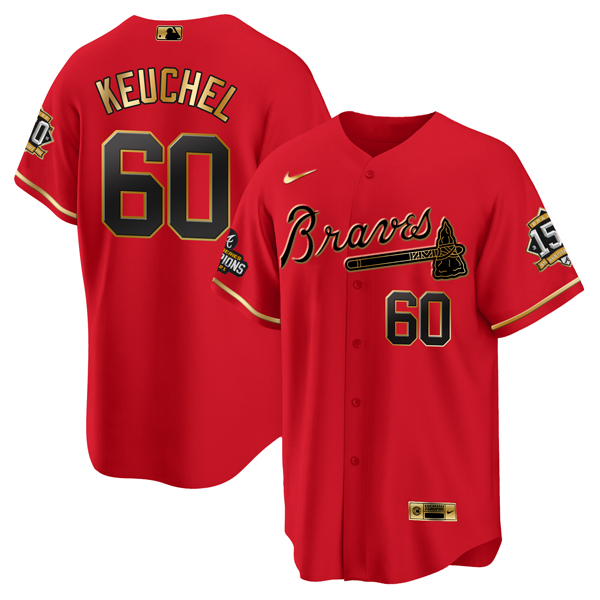 Men's Atlanta Braves #60 Dallas Keuchel 2021 Red/Gold World Series Champions With 150th Anniversary Patch Cool Base Stitched Jersey